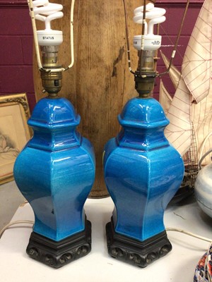 Lot 278 - Pair Chinese style blue crackle glazed lamps on hardwood bases