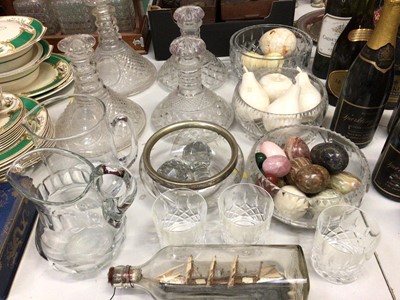 Lot 280 - Cut glass decanters and bowls, other glassware and collection of polished hardstone egg and fruit ornaments