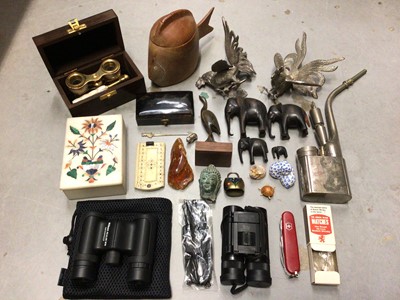 Lot 288 - Antique aide memoire, pair silver plated cockerels, silver cocktail stick, miniature silver bear, opera glasses, Nikon binoculars and other items