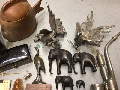 Lot 288 - Antique aide memoire, pair silver plated cockerels, silver cocktail stick, miniature silver bear, opera glasses, Nikon binoculars and other items