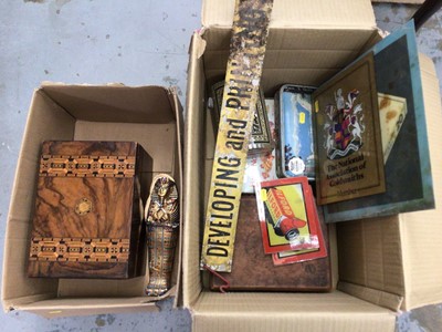 Lot 21 - Two boxes of sundries, including a 19th century work box, old tins ad signs, etc