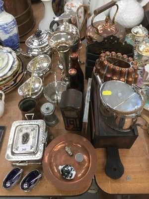 Lot 343 - 19th century Copper Jelly mould, WMF watering can, oak candle box, copper kettle, silver plated ware and sundries.