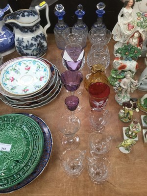 Lot 345 - Three Bohemian etched glass spirit decanters, Mary Gregory glass beaker and other glassware.