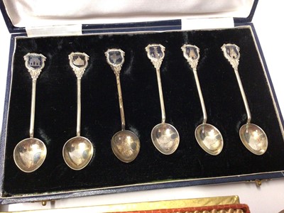 Lot 88 - Set twelve German silver (800) teaspoons, sifting spoon and pair sugar tongs in fitted case, six India souvenir spoons stamped sterling silver, other Continental silver spoons