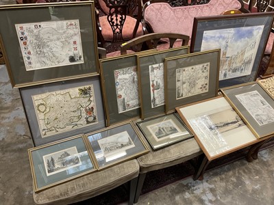 Lot 175 - Group of eleven pictures to include a watercolour by Geoff Ivory of Old Colchester High Street, signed etching by Malcolm Osborne, three antique hand coloured engravings of Colchester, and six anti...