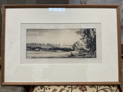 Lot 175 - Group of eleven pictures to include a watercolour by Geoff Ivory of Old Colchester High Street, signed etching by Malcolm Osborne, three antique hand coloured engravings of Colchester, and six anti...
