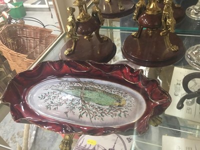 Lot 33 - Late 19th century enamelled on copper dish decorated with a budgerigar on ormolu feet, pair marble and ormolu candlesticks and other decorative items