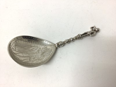 Lot 126 - Continental silver spoon, probably Norwegian, the bowl engraved with the Virgin and child, the back with Christ on the cross and a religious figure, the outside with inscription and the date 1577,...