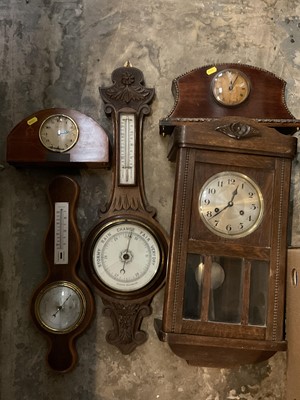 Lot 247 - 1930s oak cased wall clock, two vintage mantel clocks and two barometers