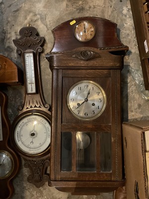 Lot 247 - 1930s oak cased wall clock, two vintage mantel clocks and two barometers
