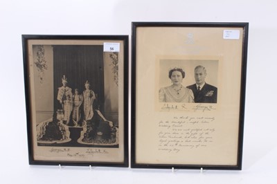 Lot 56 - T.M.King George VI and Queen Elizabeth 1937 Coronation day portrait photograph with printed signature and another Silver Wedding Message 1948