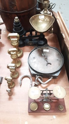 Lot 365 - Set of brass postal scales by T. J & J. Smith, together with a set of Salter drop scales, another set of Salter scales and collection of weights