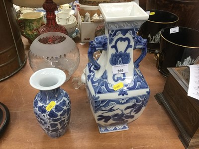 Lot 369 - Modern Chinese blue and white porcelain two handled vase, together with another smaller oriental vase (2)