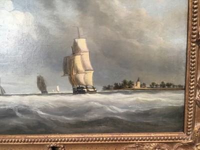 Lot 167 - Early 19th century Continental School oil on canvas - shipping off the coast, 24cm x 34.5cm, in gilt frame
