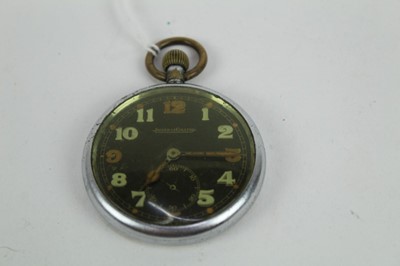 Lot 730 - Second World War Jaeger Le Coultre open faced military pocket watch, with black dial, luminous hour markers