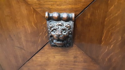 Lot 948 - Late Victorian carved oak sideboard with two frieze drawers and cupboards below with carved lions head handles, 132cm wide, 54.5cm deep, 105cm high