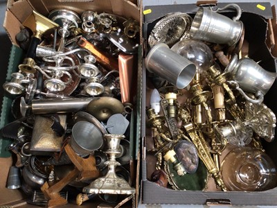 Lot 299 - Two boxes of silver plate, tankards, brass wall lights, copper and other metal wares