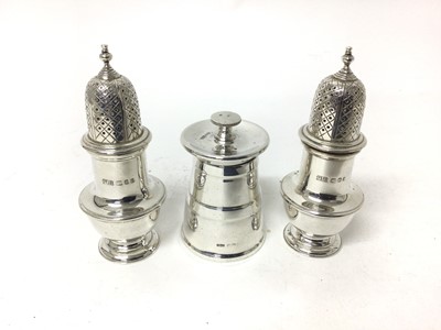 Lot 176 - Silver pepper grinder, James Dixon & Sons, Sheffield 1940, together with a pair of silver casters, London 1968