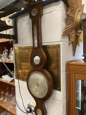 Lot 195 - Two 19th century mahogany banjo barometers together with a sunburst clock. (3)