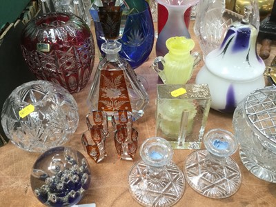 Lot 391 - Collection of glassware to include four cut glass decanters, Bohemian overlaid glass spirit decanter and licquer glasses and other glassware.