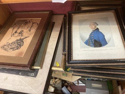 Lot 199 - Set of hand coloured engravings of 18th century portraits, together with other pictures
