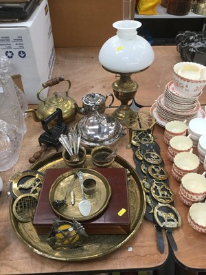 Lot 392 - Brass oil lamp, Horse brasses, other brass and metal ware