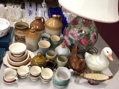 Lot 306 - Large decorative table lamp with shade, stone ware jars, pottery, tea ware and ornaments