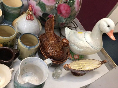 Lot 306 - Large decorative table lamp with shade, stone ware jars, pottery, tea ware and ornaments