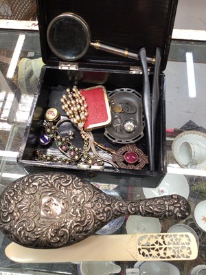 Lot 671 - Silver backed brush, costume jewellery and sundries