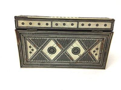 Lot 178 - 19th century Anglo-Indian Sadeli-work slope-fronted box, inlaid with ivory and other materials, 21cm across