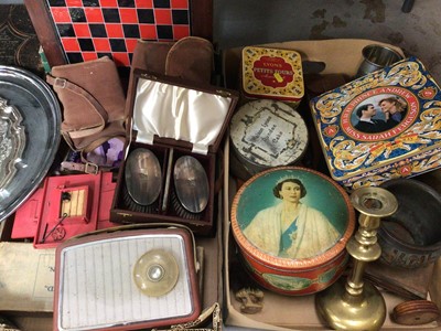 Lot 307 - Vintage Royal commemorative tins, plated items, games and sundries