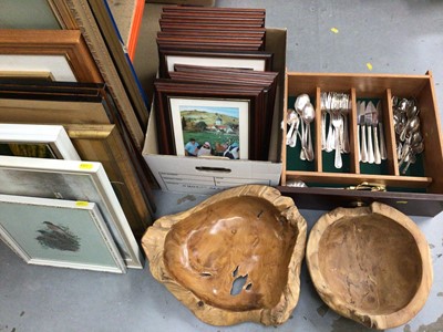 Lot 310 - Plated cutlery, two wooden fruit bowls, collection of Margaret Loxton prints and other pictures