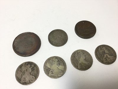 Lot 403 - World - Mixed coinage to include Russia Peter II silver Rouble 1729 (N.B. Obv: Edge bruise at 9 o'clock) otherwise AVF, Austria Maria Theresa silver Thalers 1780 x 4 VG-GF, a copper coin and medall...