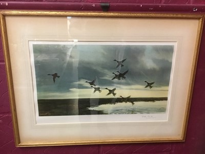 Lot 214 - Peter Scott, hand signed print - Ducks in flight, with blind stamp, glazed frame