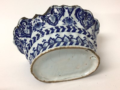Lot 318 - Burmantofts blue glazed jardiniere, Burmantofts style toad, 18th century Delftware posy holder and Spanish Faience planter