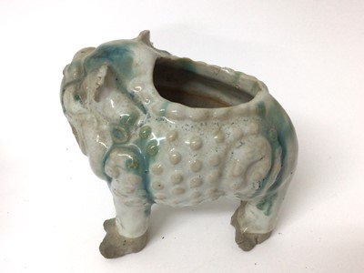 Lot 318 - Burmantofts blue glazed jardiniere, Burmantofts style toad, 18th century Delftware posy holder and Spanish Faience planter