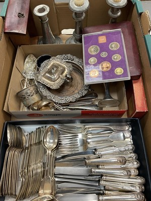 Lot 227 - Group of silver plate and sundry items to include Victorian silver plated fiddle pattern flatware, knives, plated coaster, plated goblet, mustard pot, Tudric pewter candlestick, pair of Victorian p...