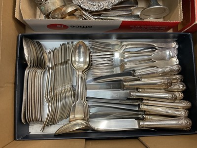 Lot 227 - Group of silver plate and sundry items to include Victorian silver plated fiddle pattern flatware, knives, plated coaster, plated goblet, mustard pot, Tudric pewter candlestick, pair of Victorian p...