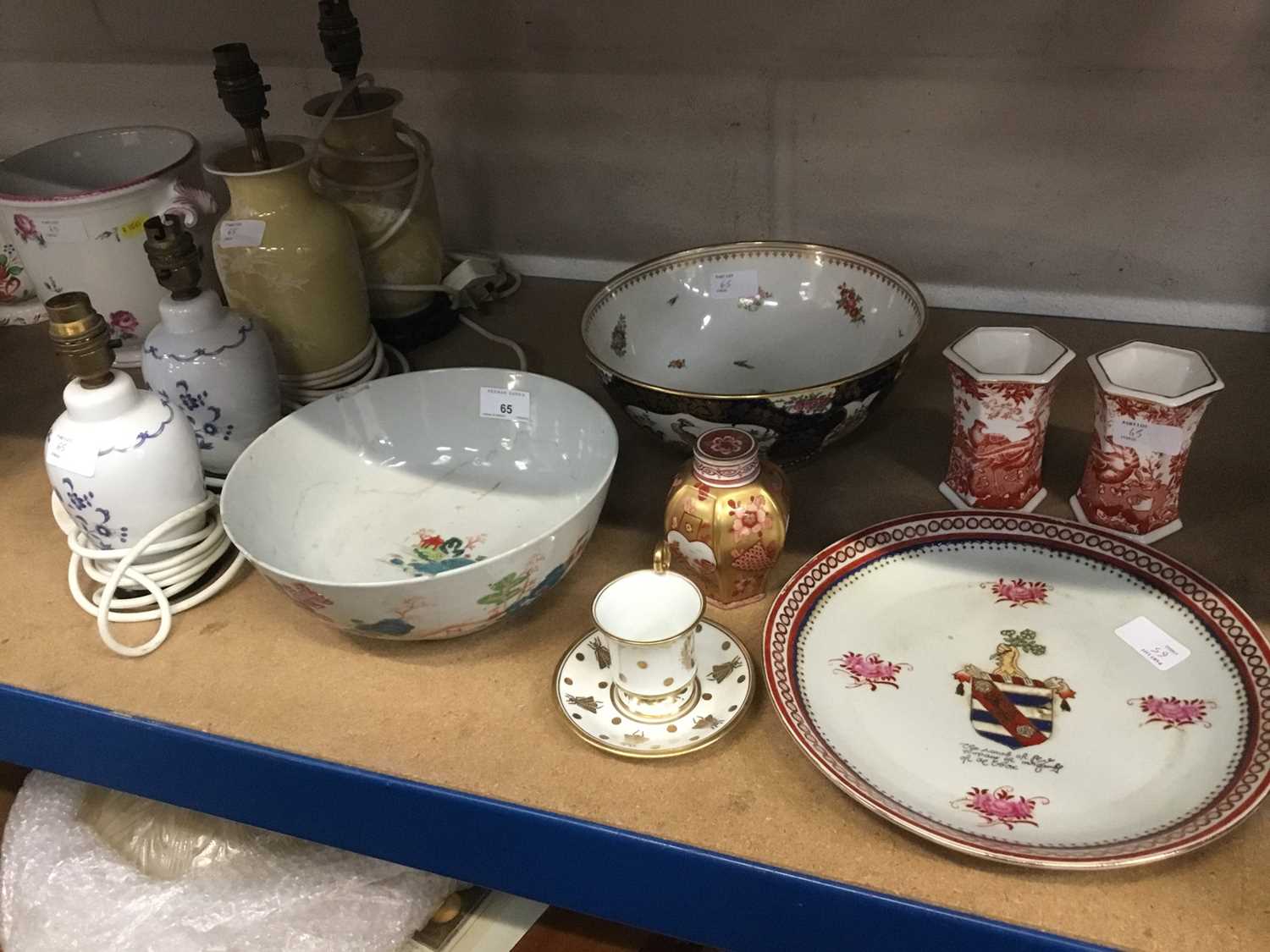 Lot 65 - 18th century Chinese export punch bowl, Pair Royal Crown Derby vases, decorative china and two pairs of table lamps