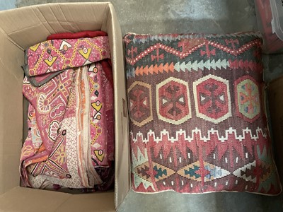 Lot 228 - Kilim cushion, three Indian embroidered panels and sundry textiles