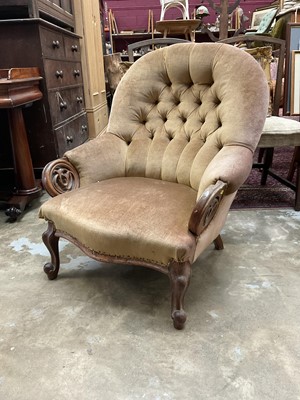 Lot 1073 - Victorian rosewood framed armchair with buttoned back, carved and pierced scroll arms on cabriole legs