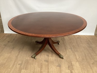 Lot 985 - Nineteenth century mahogany breakfast table with circular crossbanded top on turned column and four splayed legs, 137cm diameter