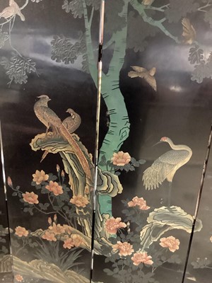 Lot 988 - Good quality Oriental black lacquered four fold dressing screen decorated with birds, tree and foliage, 185cm open, 183.5cm wide