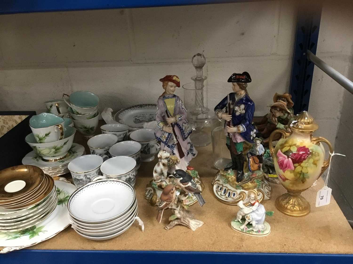 Lot 70 - Worcester blushed ivory vase and cover, pair Continental porcelain figures, decorative ornaments and tea ware