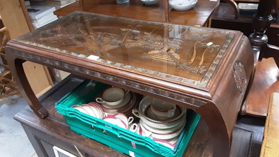 Lot 992 - Oriental hardwood coffee table with carved decoration, 103cm wide, 45.5cm wide, 45.5cm high