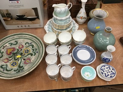Lot 423 - Aynsley Blue Wheat pattern six place tea set together with a Susie Cooper Glen Mist pattern six place coffee set, three Royal Copenhagen vases and other ceramics.