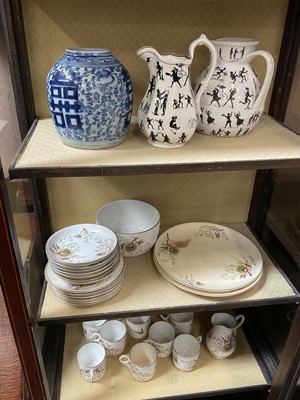 Lot 102 - Sundry china, including a Chinese blue and white ginger jar, two Harlequin-type jugs and a Victorian bird-decorated tea service