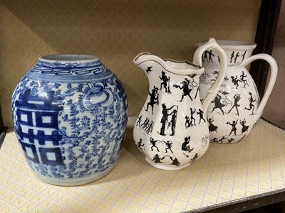 Lot 102 - Sundry china, including a Chinese blue and white ginger jar, two Harlequin-type jugs and a Victorian bird-decorated tea service
