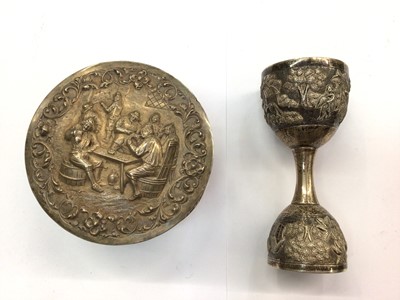 Lot 680 - Dutch silver box with embossed tavern scene and Eastern white metal measure