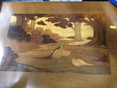 Lot 82 - Preserved Chinese Pheasant on stand, marquetry pheasant panel and pictures.